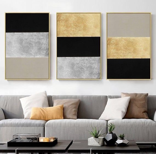 ABSTRACT GOLD AND SILVER ART – 3 PANEL SET – ABSTRACT WALL ART