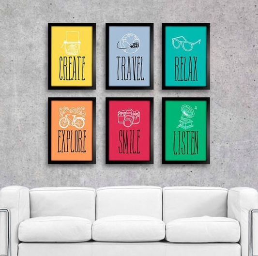 CREATE TRAVEL RELAX EXPLORE SMILE LISTEN – 6 PANEL SET