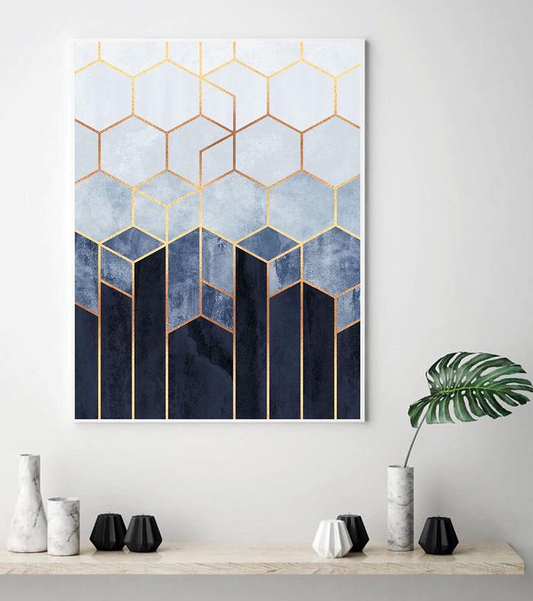 SKY BLUE AND WHITE GEOMETRICAL PATTERN GOLD LINES – SINGLE WALL ART