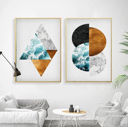 GEOMETRICAL TRIANGLE AND COPPER WALL ART – 2 PANEL SET