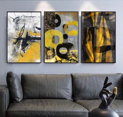 MODERN ABSTRACT YELLOW BLACK ART – 3 PANEL SET – ABSTRACT WALL ART