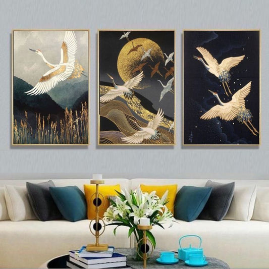 ABSTRACT FLYING CRANE ART – 3 PANEL SET – ABSTRACT WALL ART