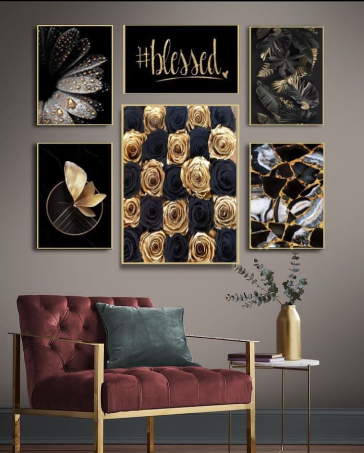 GOLDEN AND BLACK ROSE – 6 PANEL SET – FLORAL WALL ART