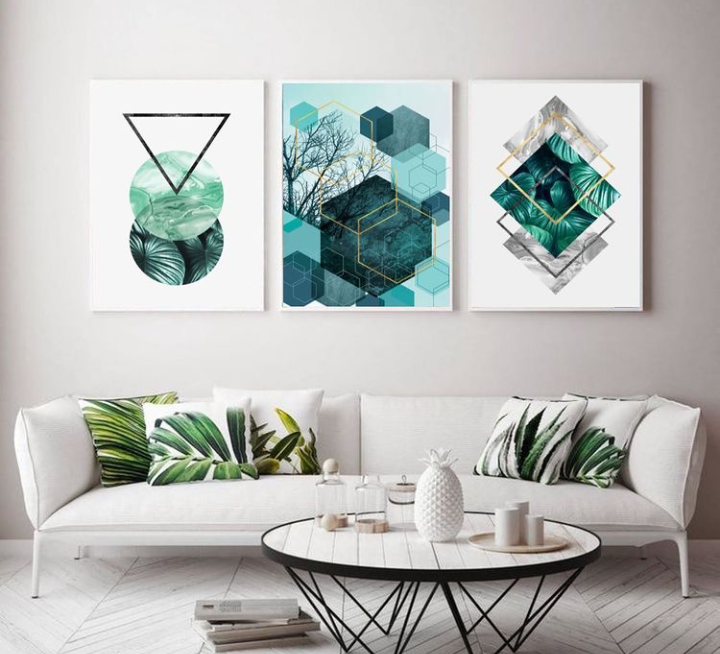 GREEN DEOMETRICAL WALL DECOR – 3 PANEL SET – GEOMETRICAL WALL ART
