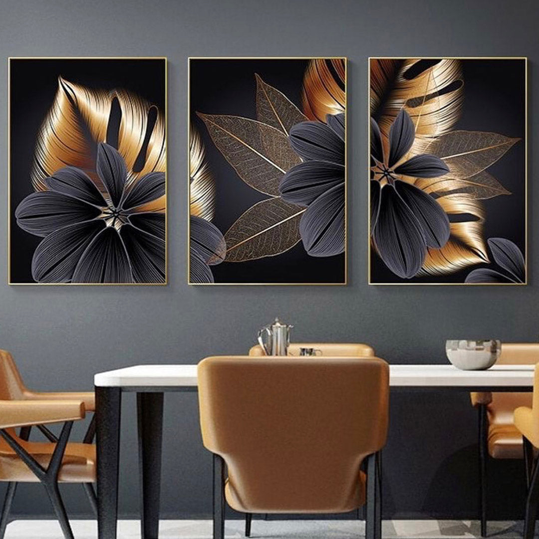 GOLDEN AND BLACK LEAVES – 3 PANEL SET – FLORAL WALL ART