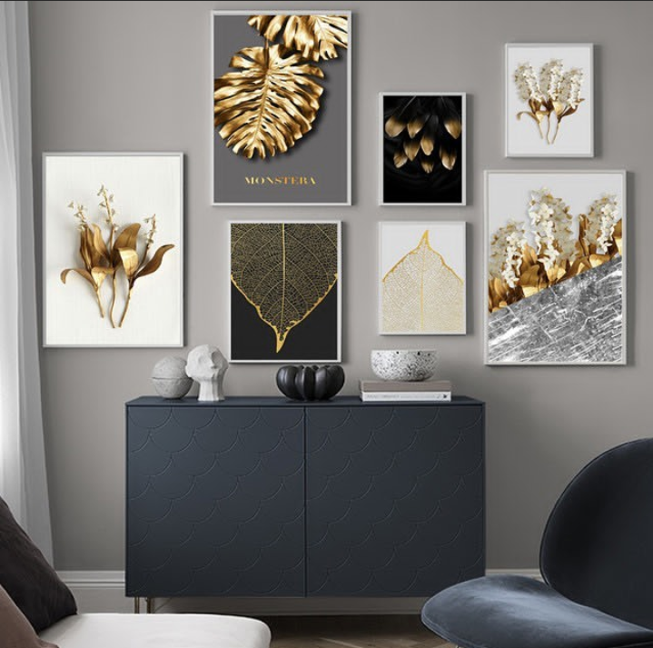 GOLDEN MONSTERA LEAF AND GEOMETRIC ART – 7 PANEL SET – FLORAL WALL ART