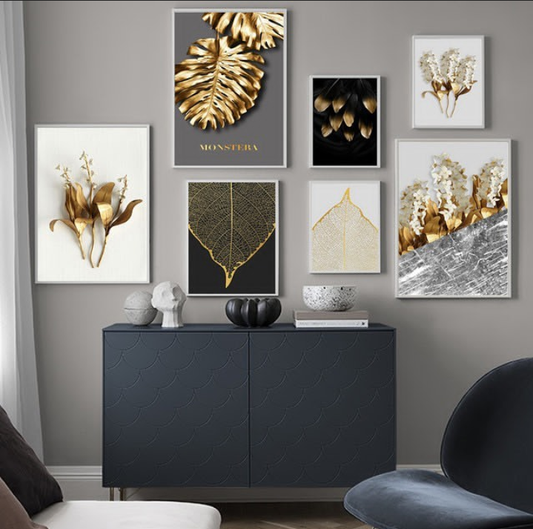 GOLDEN MONSTERA LEAF AND GEOMETRIC ART – 7 PANEL SET – FLORAL WALL ART