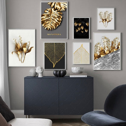 GOLDEN LEAVES – GOLDEN FLOWERS WALL SETUP – 7 PANEL SET – FLORAL WALL ART