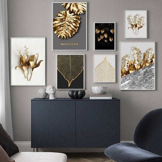 GOLDEN LEAVES – GOLDEN FLOWERS WALL SETUP – 7 PANEL SET – FLORAL WALL ART