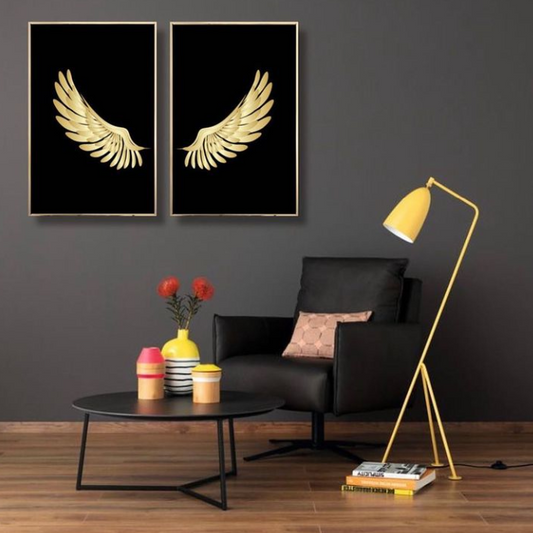 GOLD ANGEL WINGS BLACK CANVAS – 2 PANEL SET