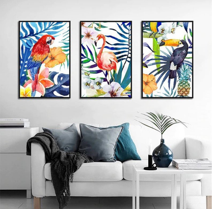 MULTI COLOR FLAMINGO AND PARROT – 3 PANEL SET – BIRD WALL ART