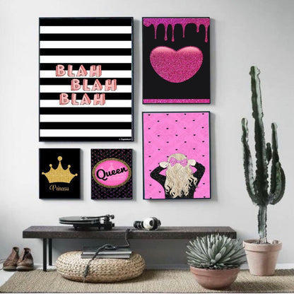 PINK AND BLACK GIRLY QUEEN – 5 PANEL SET – GIRLY WALL ART