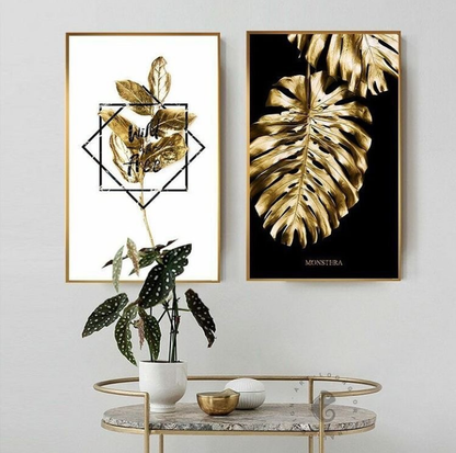 BLACK GOLD MONSTERA LEAFS WALL ART – 2 PANEL SET