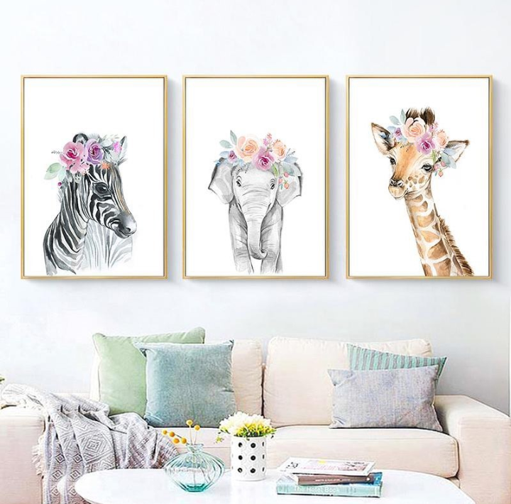 ZEBRA ELEPHANT GIRAFFE – 3 PANEL SET – ANIMALS WALL ART