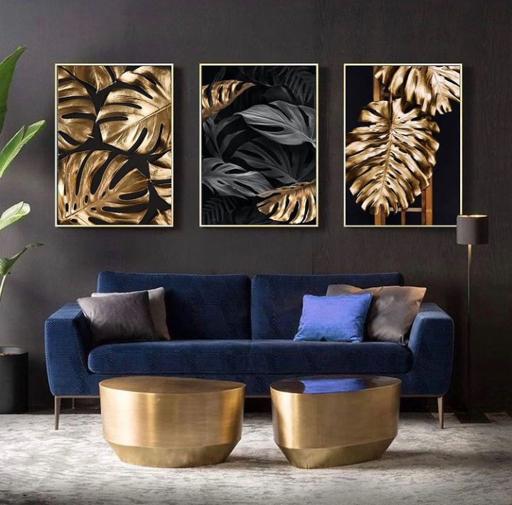 GOLDEN MONSTERA LEAVES – 3 PANEL SET