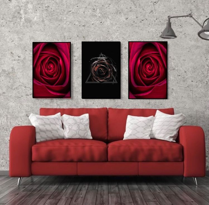 RED ROSE ART – 3 PANEL SET – FLORAL WALL ART