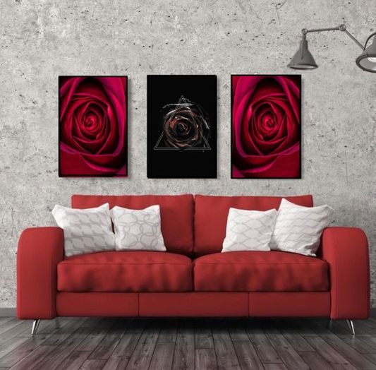 RED ROSE ART – 3 PANEL SET – FLORAL WALL ART