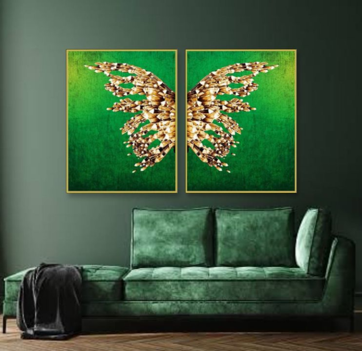 GOLDEN BUTTERFLY WINGS WITH GREEN CANVAS – 2 PANEL SET