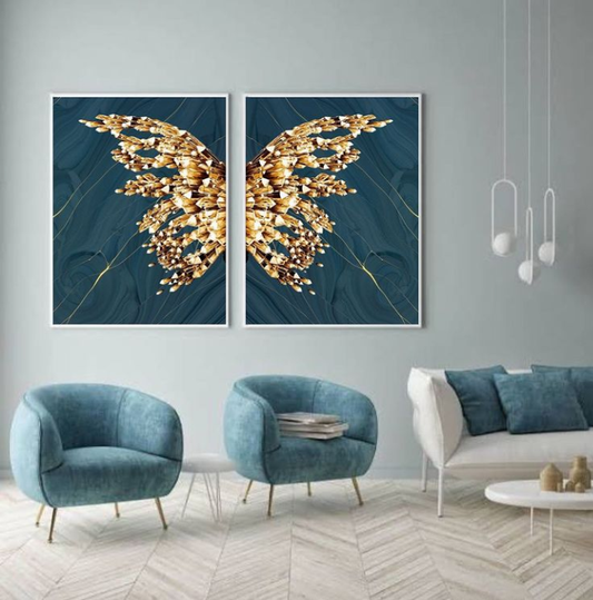 GOLDEN BUTTERFLY WINGS WITH GRAY CANVAS – 2 PANEL SET