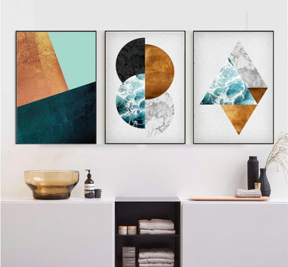 MARBAL GEOMETRIC SHAPES ART – 3 PANEL SET – GEOMETRICAL WALL ART