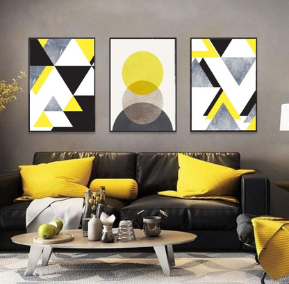 YELLOW WHITE GEOMETRIC ART – 3 PANEL SET – GEOMETRICAL WALL ART