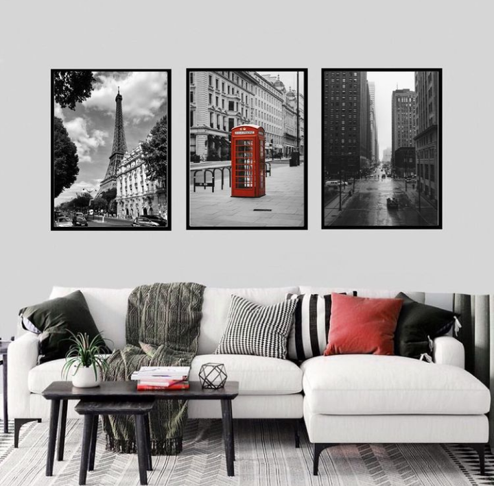 BLACK AND WHITE RED CITIES ART – 3 PANEL SET