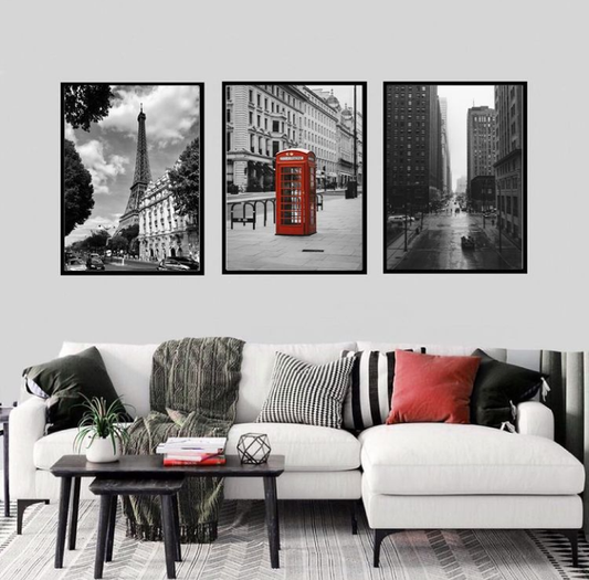 BLACK AND WHITE RED CITIES ART – 3 PANEL SET