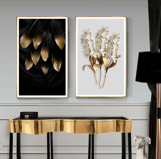 SCANDINAVIAN GOLDEN LEAF AND PETALS WALL ART – 2 PANEL SET