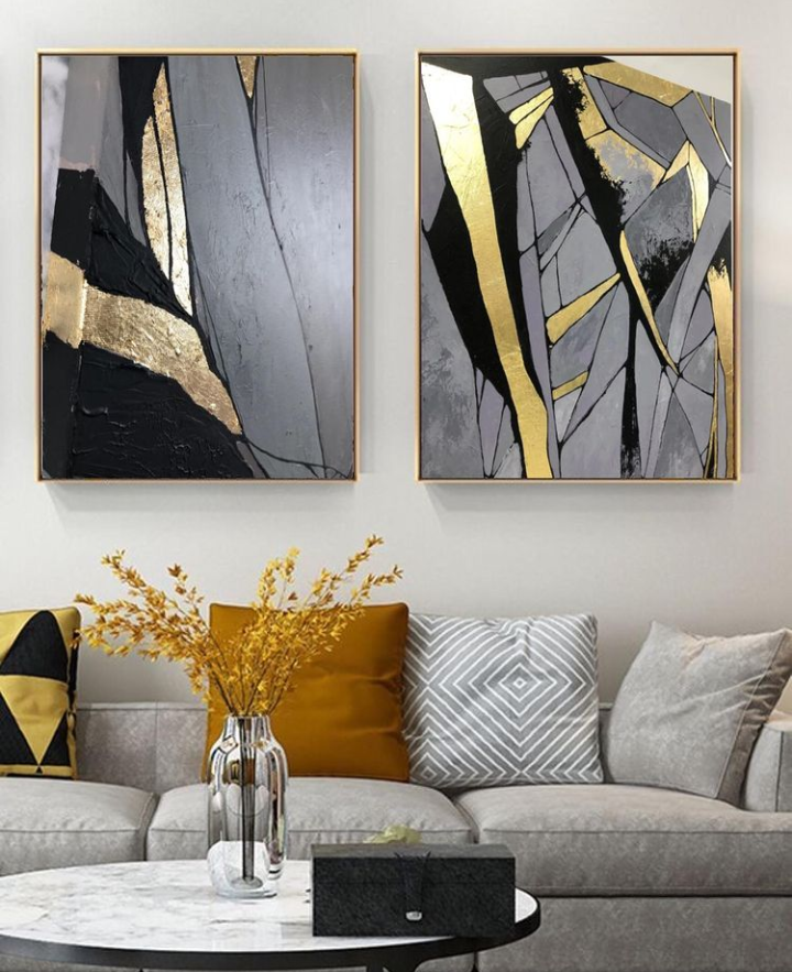 GEOMETRICAL PAINTING GRAY GOLDEN – 2 PANEL SET