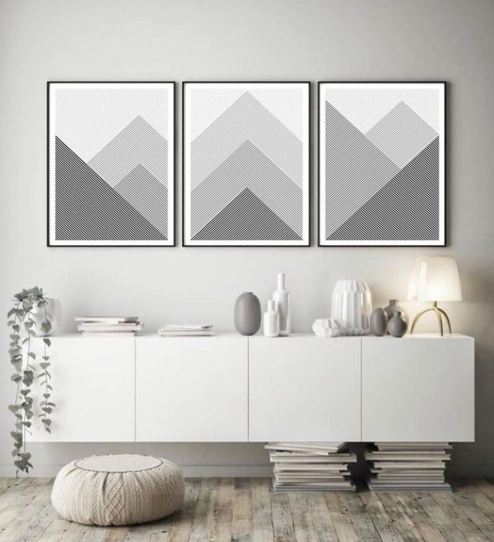 GRAY MOUNTAIN GEOMETRIC ART – 3 PANEL SET – GEOMETRICAL WALL ART