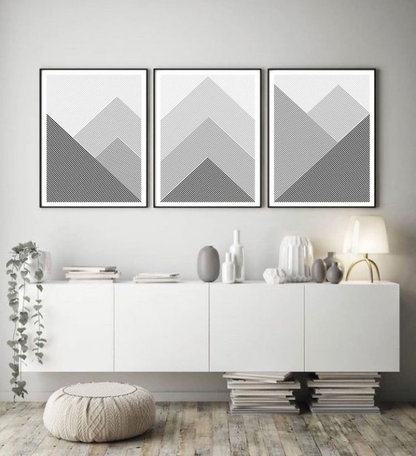 GRAY MOUNTAIN GEOMETRIC ART – 3 PANEL SET – GEOMETRICAL WALL ART