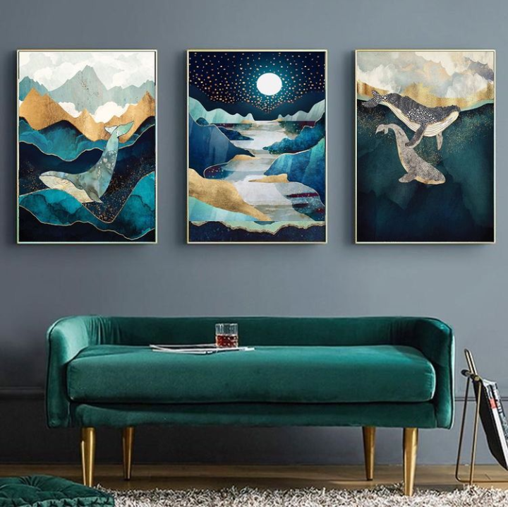 WHALES ABSTRACT ART – 3 PANEL SET – ABSTRACT WALL ART