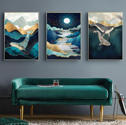 WHALES ABSTRACT ART – 3 PANEL SET – ABSTRACT WALL ART