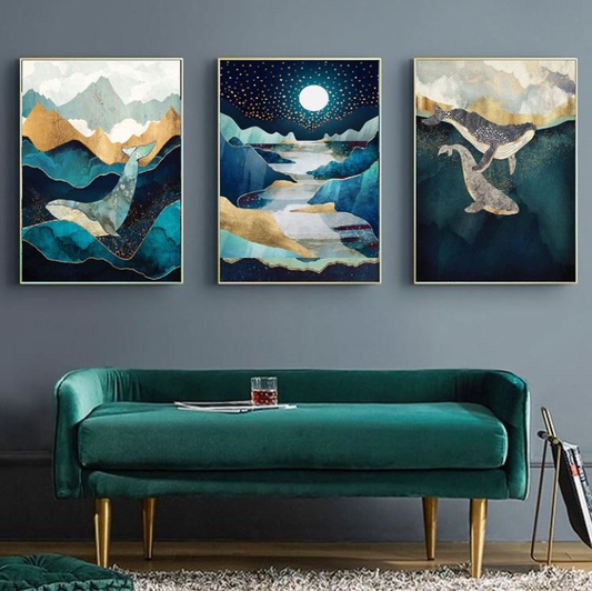 WHALES ABSTRACT ART – 3 PANEL SET – ABSTRACT WALL ART