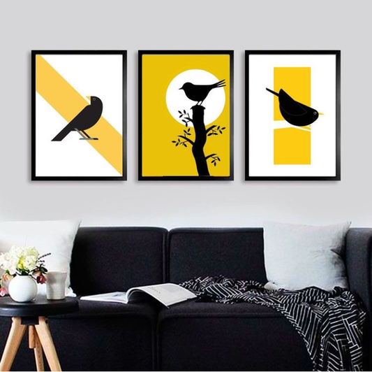 BIRDS MODER YELLOW ART – 3 PANEL SET