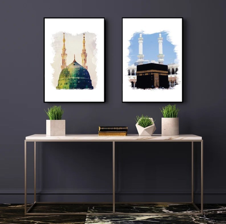 MASJID NABWI AND KAAB SHAREEF HAND PAINTING – 2 PANEL SET – ISLAMIC WALL ART