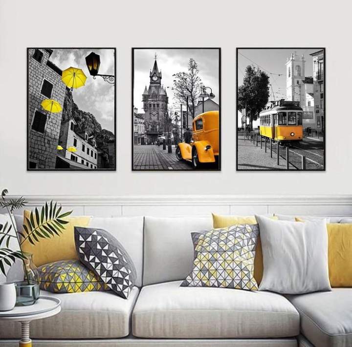 BLACK AND WHITE YELLOW CITIES ART – 3 PANEL SET