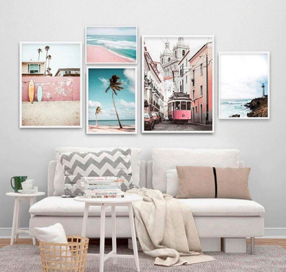 PINK TRAIN BEACH PALM COAST – 5 PANEL SET – NATURE WALL ART