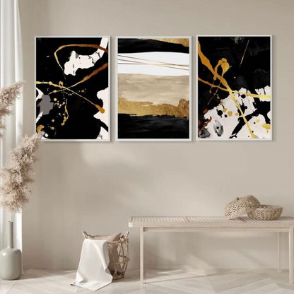 BLACK MODERN ABSTRACT ART – 3 PANEL SET – ABSTRACT WALL ART