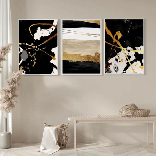 BLACK MODERN ABSTRACT ART – 3 PANEL SET – ABSTRACT WALL ART