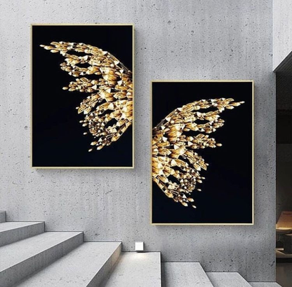 GOLDEN BUTTERFLY WINGS WITH BLUE CANVAS – 2 PANEL SET