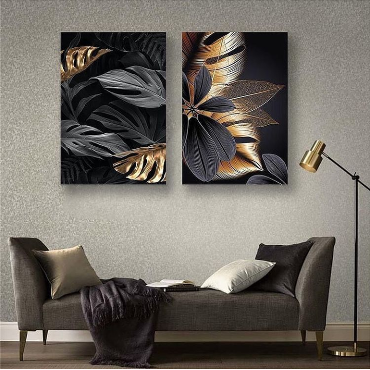 PLANT LEAF BLACK GOLDEN – 2 PANEL SET