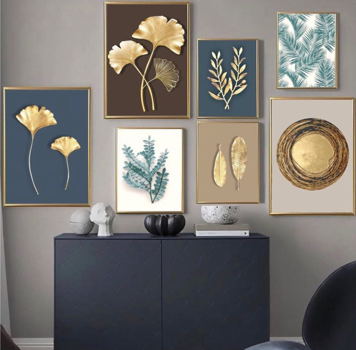 GOLDEN LEAVES – 7 PANEL SET – FLORAL WALL ART