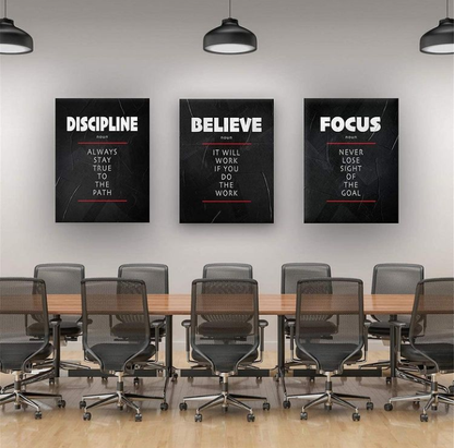 DISCIPLINE BELIEVE FOCUS QUOTE – 3 PANEL SET – QUOTES WALL ART