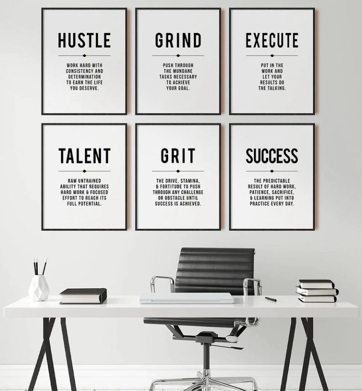 HUSTLE GRIND EXECUTE TALENT GRIT SUCCESS – 6 PANEL SET – QUOTES WALL ART