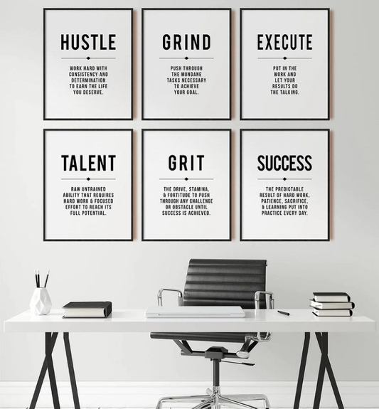 HUSTLE GRIND EXECUTE TALENT GRIT SUCCESS – 6 PANEL SET – QUOTES WALL ART