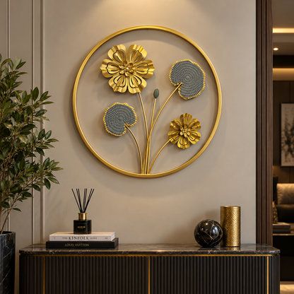 Golden Bloom Circle – Luxury Metal Wall Art