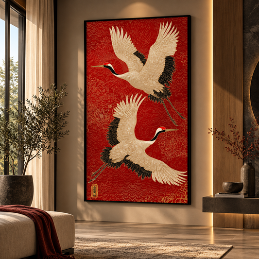 Imperial Red Twin Cranes – Oriental Bird Wall Art