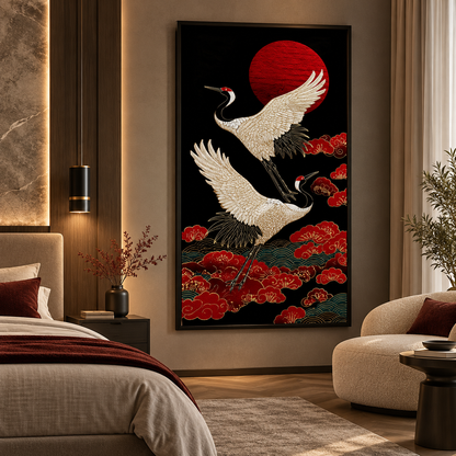 Japanese Golden Cranes & Red Sun – Luxury Wall Art