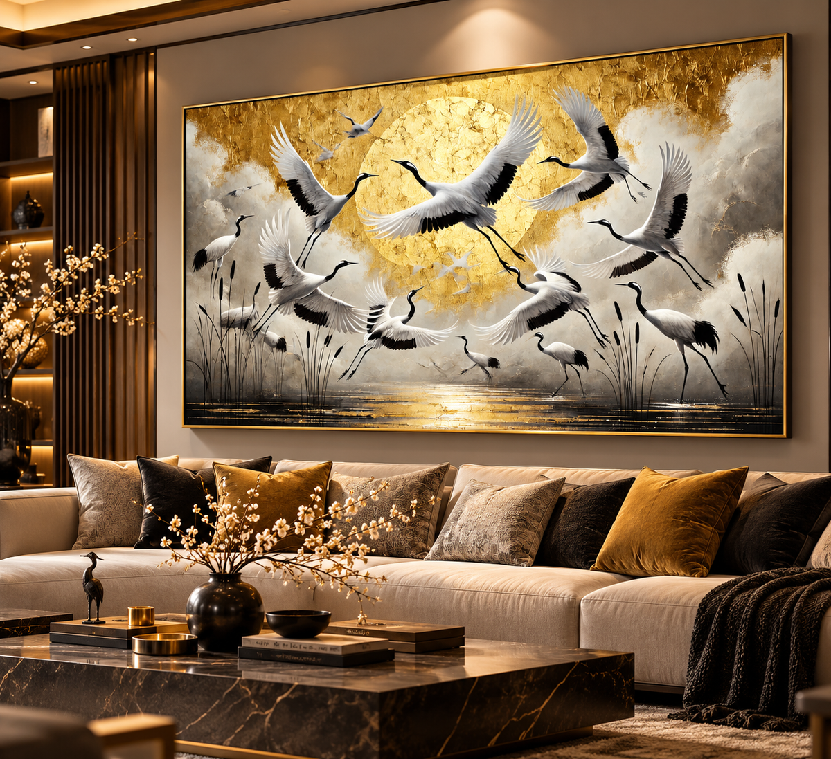 Golden Sunrise Crane Flock – Japanese Landscape Wall Art